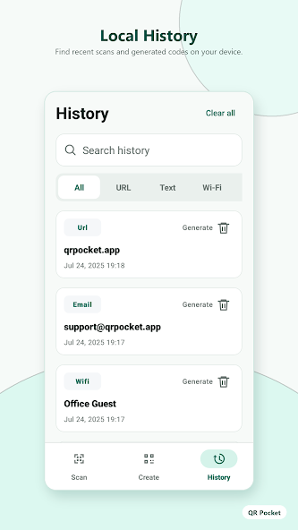 QR Pocket local history screen