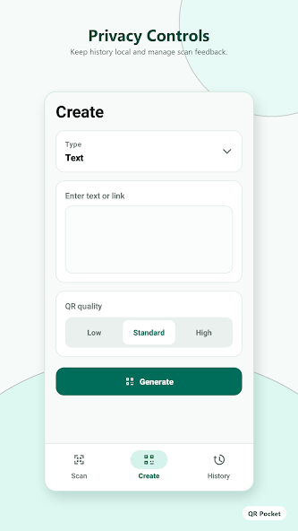 QR Pocket create screen with privacy controls message
